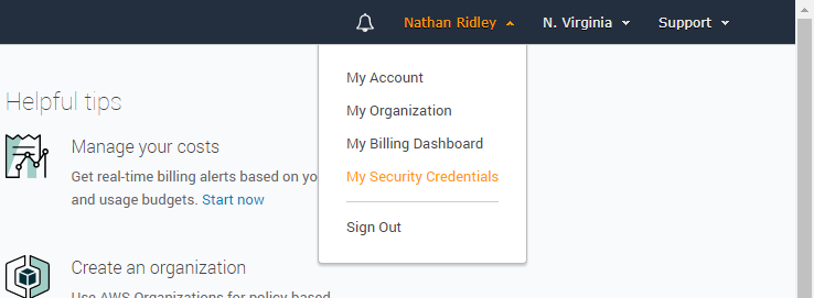 Select the My Security Credentials menu item