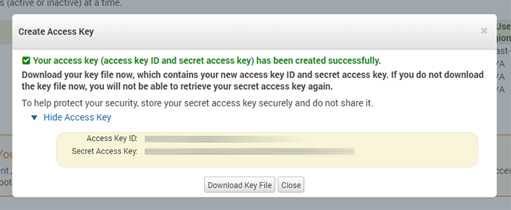 Copy the access key ID and secret key